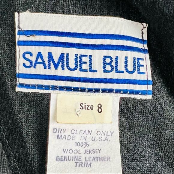 Vintage 80s Samuel Blue Jersey Wool Dress Leather Trimmed Waist Made in USA - Picture 11 of 12